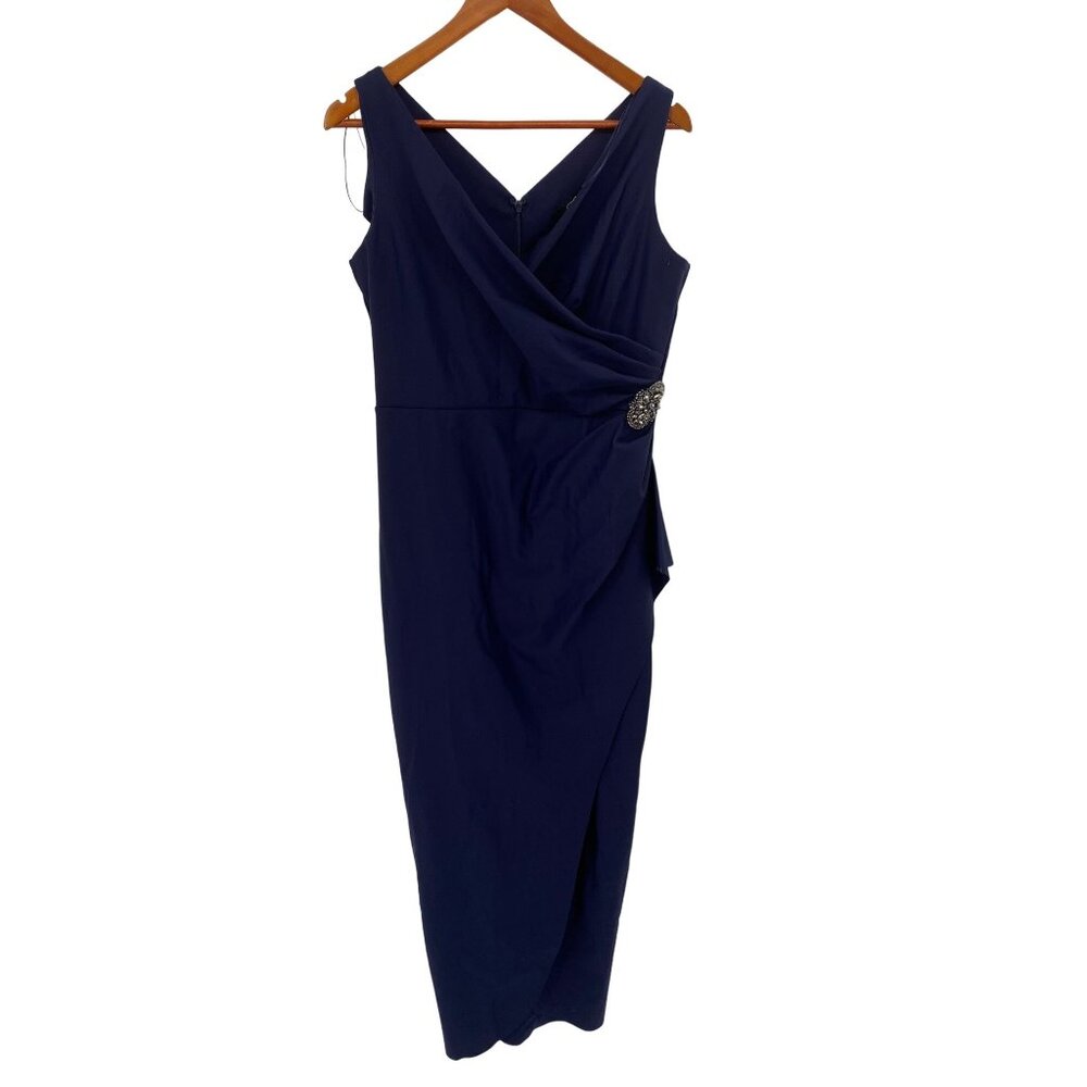 Alex Evenings Navy Blue Sleeveless V-Neck Sheath Dress with Side Embellishment